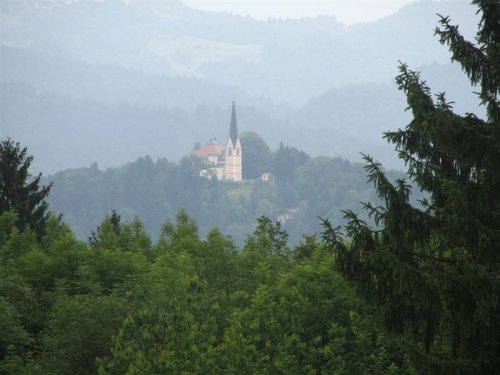 in homška cerkvica se pokaže nad vršaci dreves